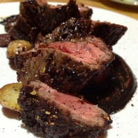 Steak with smoky eggplant paste, carrots and potatoes, photo by Christine Willmsen